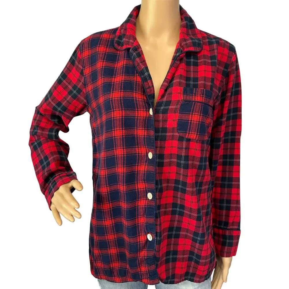 J. Crew Flannel Pajama Top Red Mixed Plaid F8383 Size XS